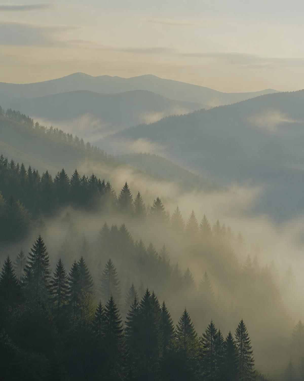 Layered evergreen ridgelines in soft Pacific Northwest morning mist