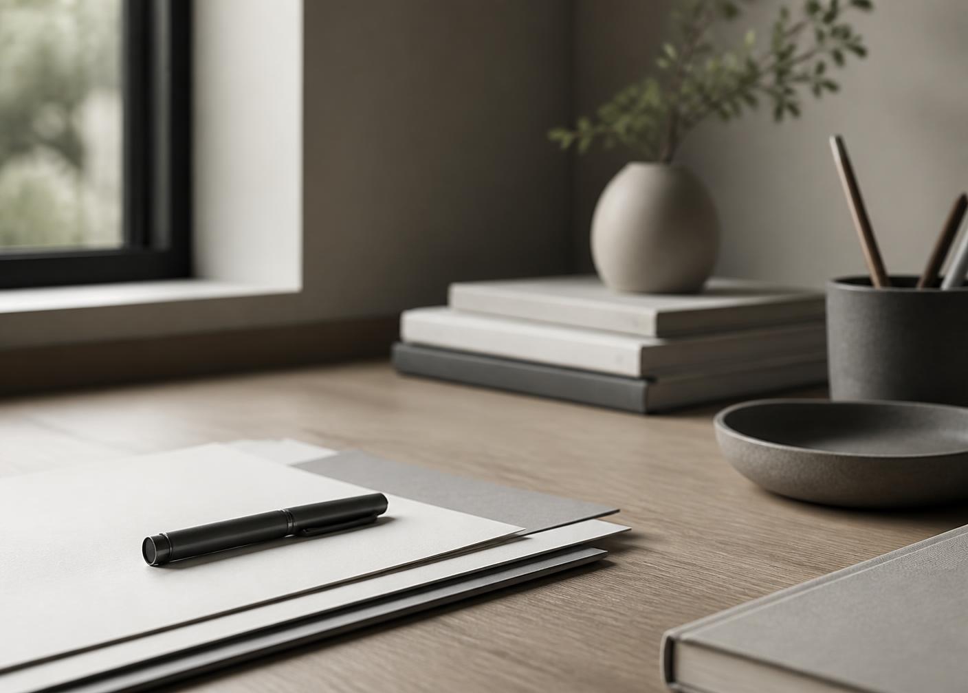 Quiet desk with documents and a pen in natural window light